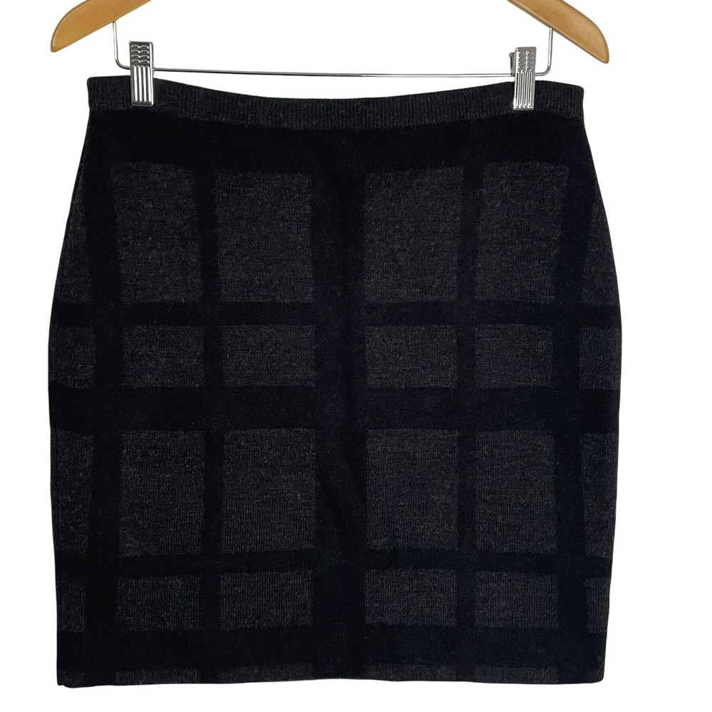 Eileen Fisher Merino Wool Windowpane Knit Pencil Skirt Gray‎ Black Size M